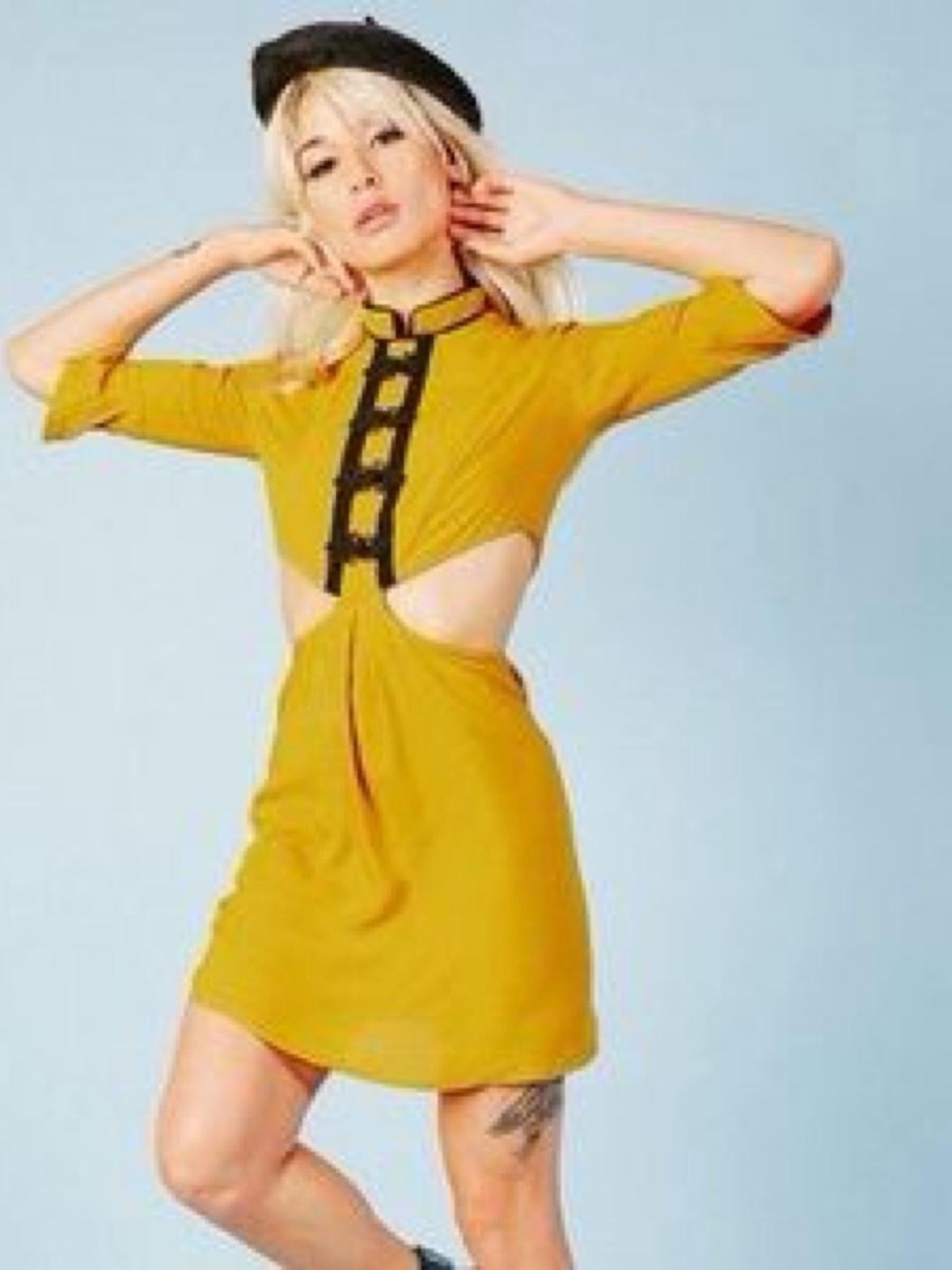 Valfre Mustard Mini Dress with Black Trim Cutouts